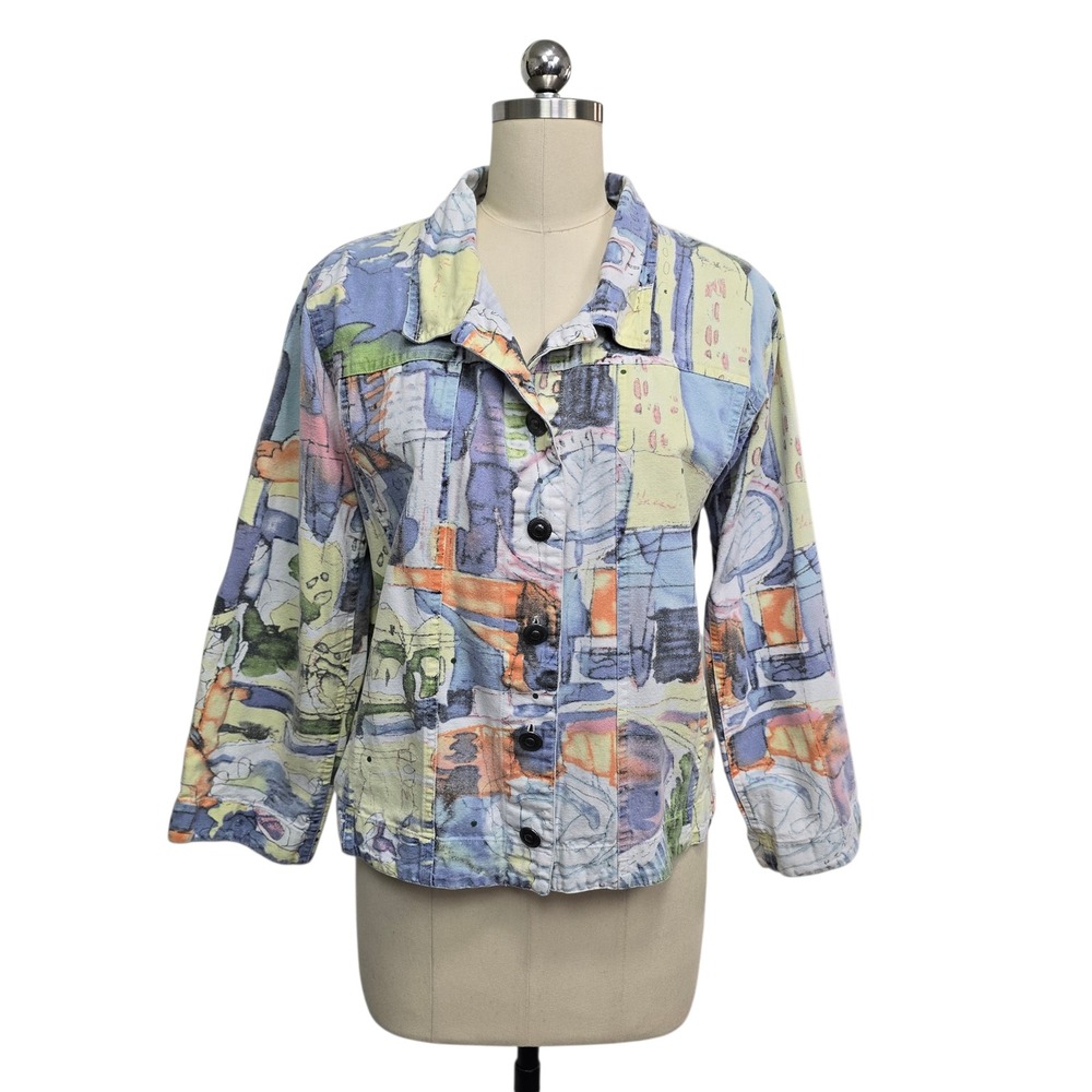 Michael Leu Abstract Art Print Denim Jacket Button Front Women's Size M‎